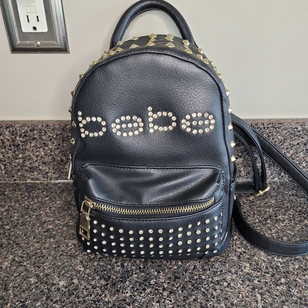 Bebe Black Rhinestone Studded Mini Backpack Y2K Glam Vegan Leather